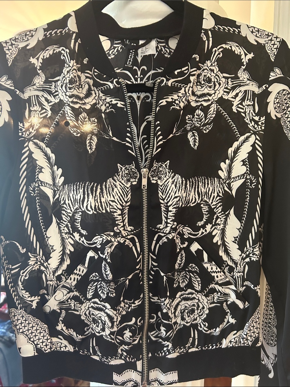 H&M Black and White Tiger Floral Bomber Jacket